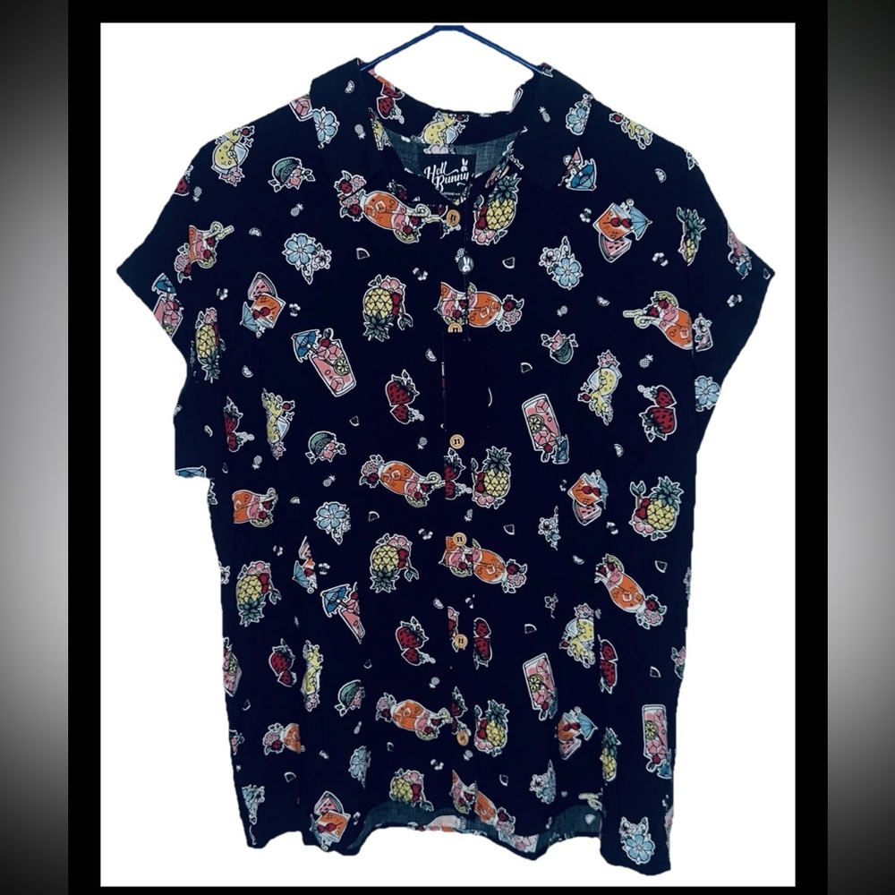 NWT Hell Bunny Black Button Up Shirt w/Fun Cocktail Drink Graphics All Over XL